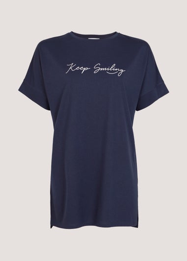 Navy Keep Smiling Slogan Longline T-Shirt