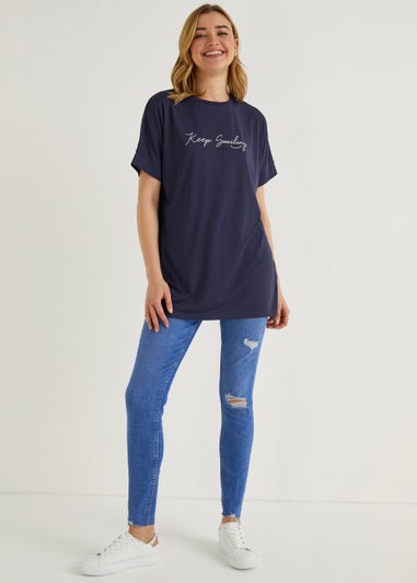 Navy Keep Smiling Slogan Longline T-Shirt