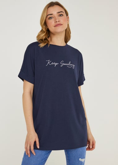 Navy Keep Smiling Slogan Longline T-Shirt