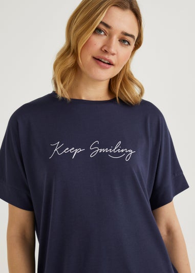 Navy Keep Smiling Slogan Longline T-Shirt