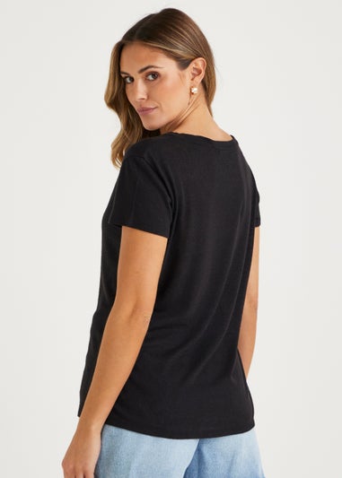 Black Linen Blend V-Neck T-Shirt