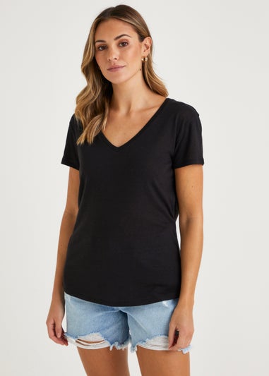 Black Linen Blend V-Neck T-Shirt