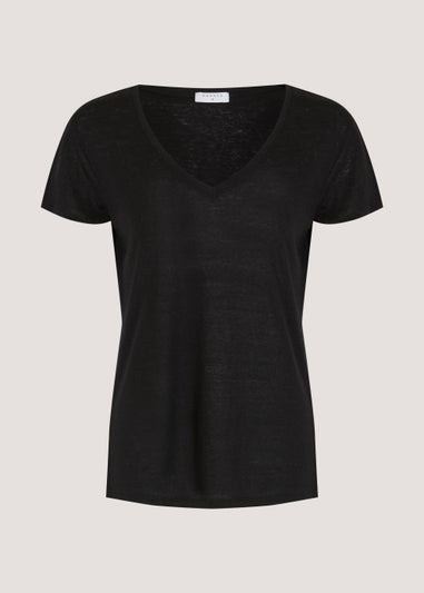 Black Linen Blend V-Neck T-Shirt