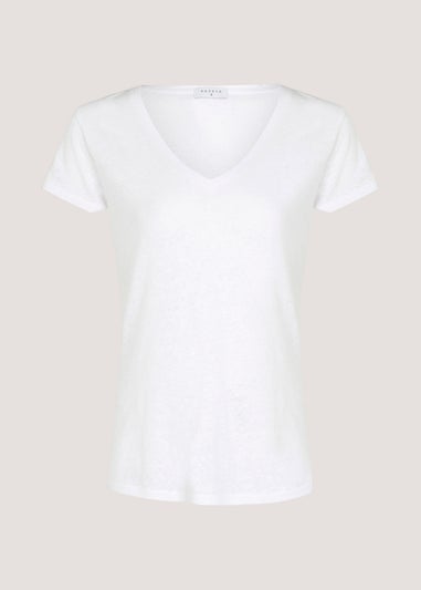 White Linen Blend V-Neck T-Shirt