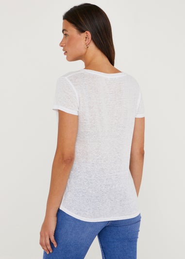 White Linen Blend V-Neck T-Shirt