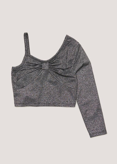 Girls Black Glitter Bow One Shoulder Top (4-13yrs)