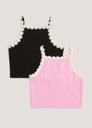 Girls 2 Pack Daisy Ribbed Vest Tops (4-13yrs)