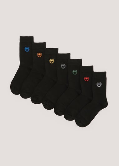 7 Pack Black Crest Embroidery Socks