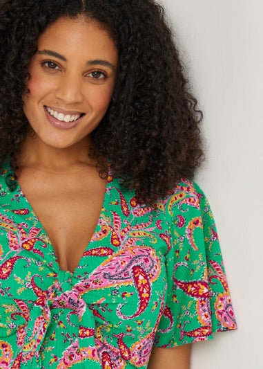 Green Paisley Crinkle Tie Mini Dress