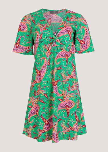 Green Paisley Crinkle Tie Mini Dress