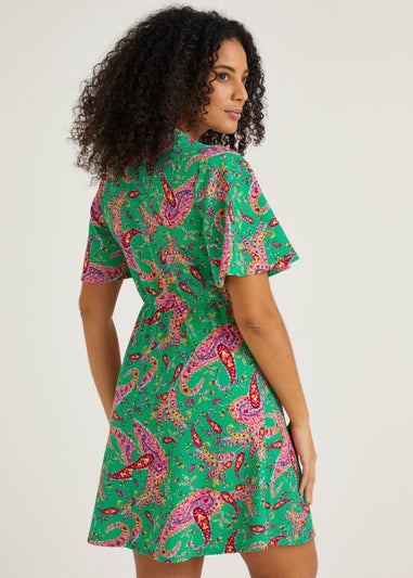 Green Paisley Crinkle Tie Mini Dress