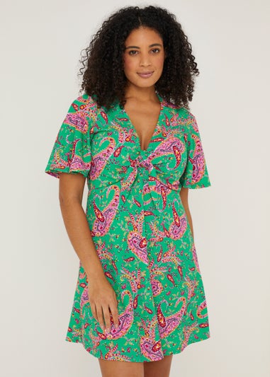 Green Paisley Crinkle Tie Mini Dress