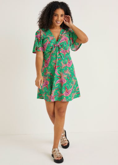 Green Paisley Crinkle Tie Mini Dress