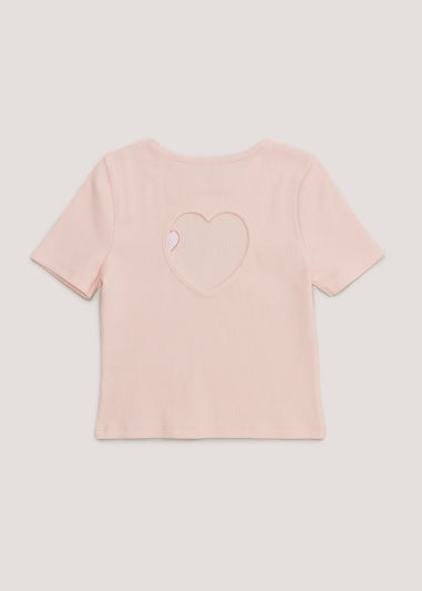 Girls Pink Heart Cut Out Ribbed T-Shirt (4-13yrs)