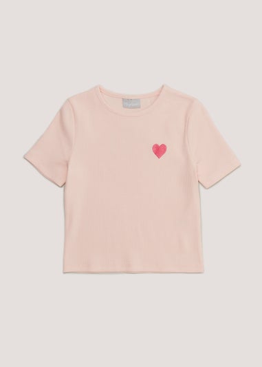 Girls Pink Heart Cut Out Ribbed T-Shirt (4-13yrs)