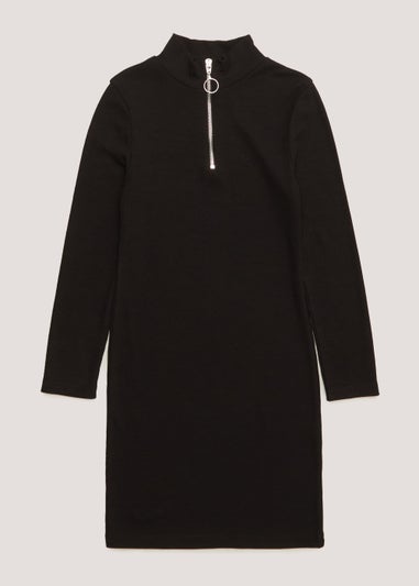 Girls Black Half Zip Long Sleeve Ribbed Dress (4-13yrs)