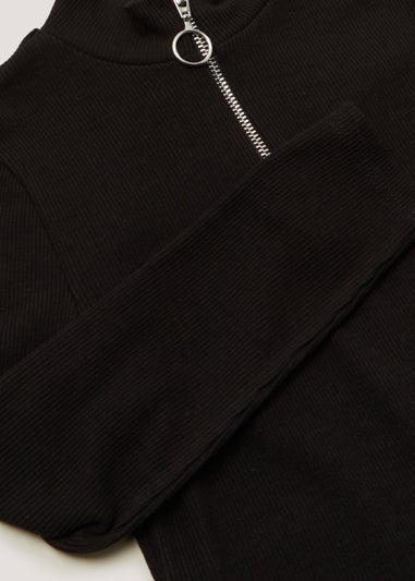 Girls Black Half Zip Long Sleeve Ribbed Dress (4-13yrs)