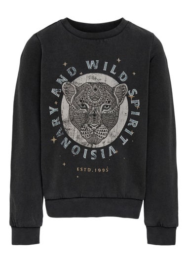 ONLY Kids Black Koglucinda Animal Print Sweatshirt (5-14yrs)