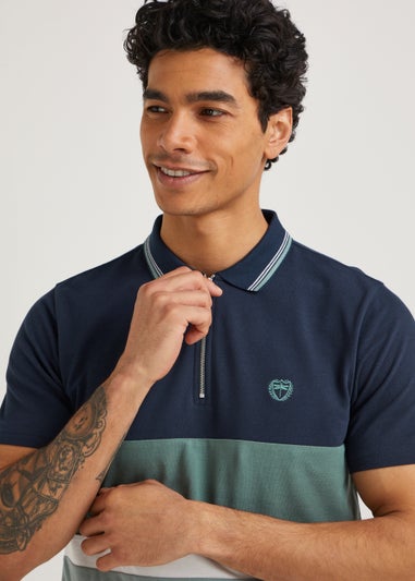 Navy Panel Zip Up Polo Shirt