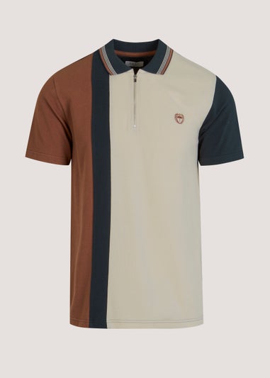 Tan Panel Zip Up Polo Shirt