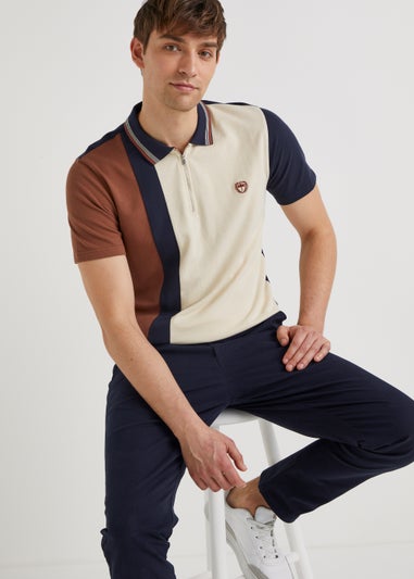 Tan Panel Zip Up Polo Shirt