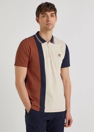 Tan Panel Zip Up Polo Shirt