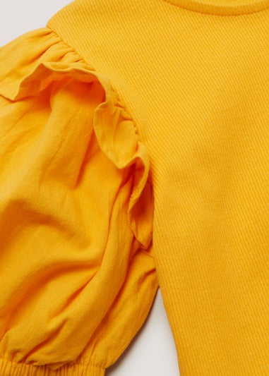 Girls Yellow Woven Frill Sleeve Ribbed Top (4-13yrs)