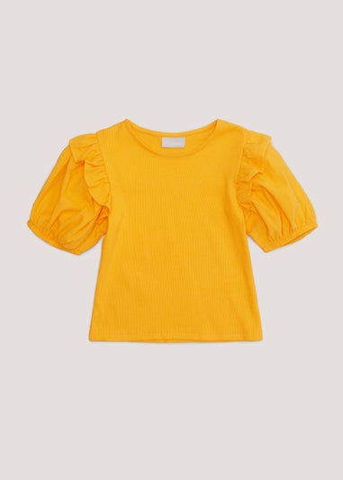 Girls Yellow Woven Frill Sleeve Ribbed Top (4-13yrs)