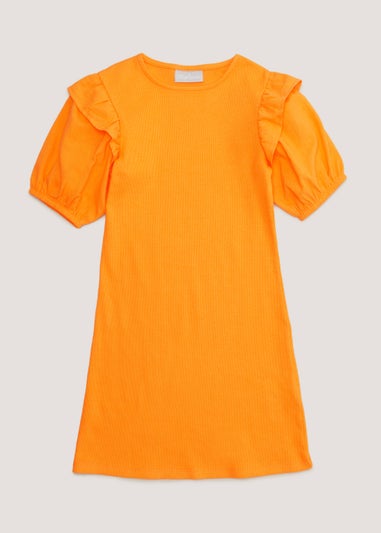 Girls Yellow Frill Sleeve Ribbed Dress (4-13yrs)