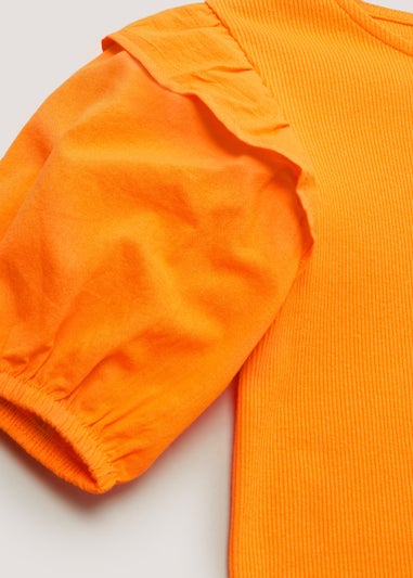 Girls Yellow Frill Sleeve Ribbed Dress (4-13yrs)