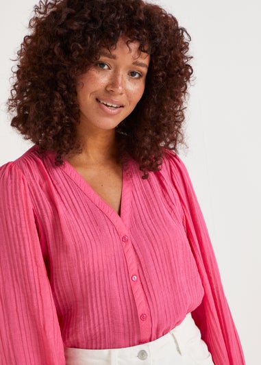 Pink Textured Balloon Sleeve Blouse