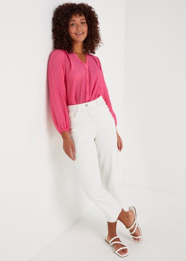 Pink Textured Balloon Sleeve Blouse