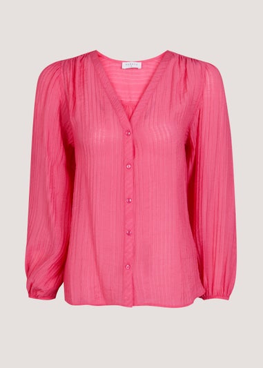 Pink Textured Balloon Sleeve Blouse