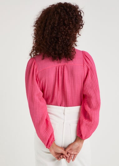 Pink Textured Balloon Sleeve Blouse