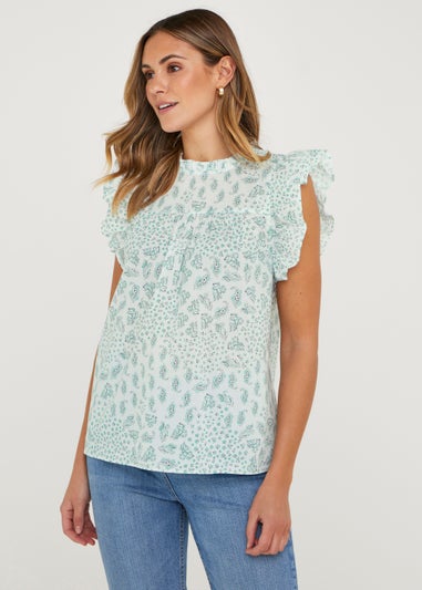 Blue Paisley Frill Sleeveless Blouse