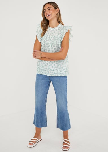 Blue Paisley Frill Sleeveless Blouse