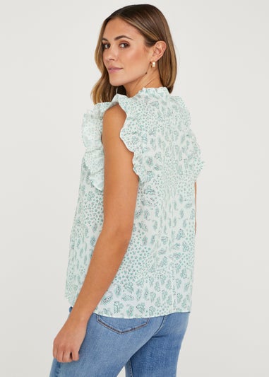 Blue Paisley Frill Sleeveless Blouse