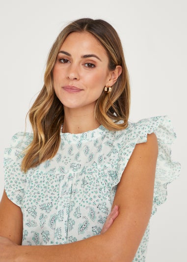 Blue Paisley Frill Sleeveless Blouse