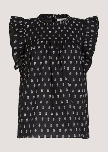 Black Print Frill Sleeveless Blouse