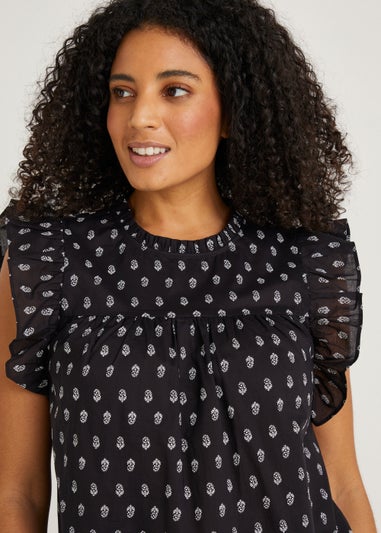 Black Print Frill Sleeveless Blouse