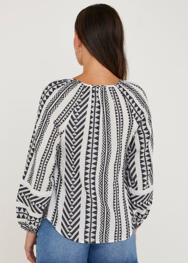 White Aztec V-Neck Blouse