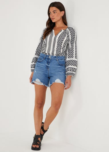 White Aztec V-Neck Blouse