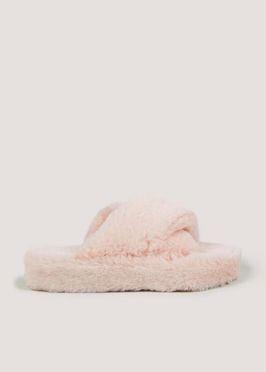 Pink Platform Cross Strap Slippers