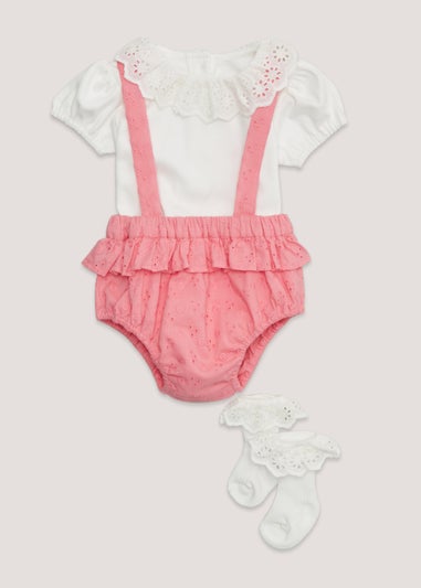 Baby Pink Schiffley Braces Bodysuit & Socks Set (Newborn-18mths)