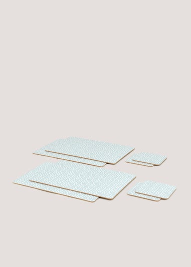 8 Pack Blue & White Dash Print Placemat & Coaster Set