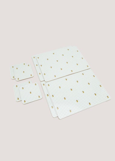 8 Pack Green Bee Gingham Print Placemat & Coaster Set