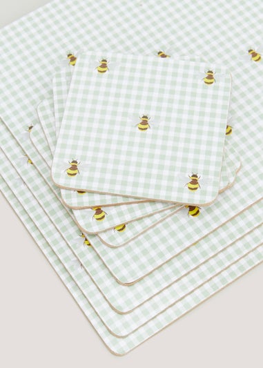 8 Pack Green Bee Gingham Print Placemat & Coaster Set