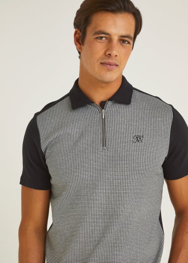T&W Black Check Panel Polo Shirt