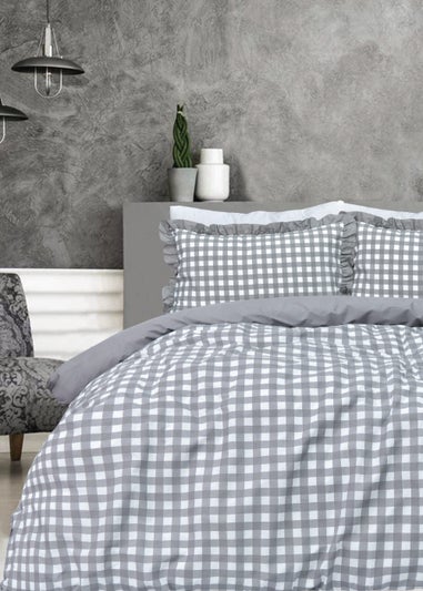 Sleepdown Grey Gingham Ruffle Duvet Cover