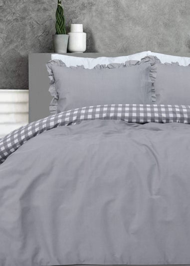 Sleepdown Grey Gingham Ruffle Duvet Cover